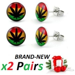 NEW 2-PACK(PAIRS) GANJA WEED LEAF EARRINGS GLOSSY